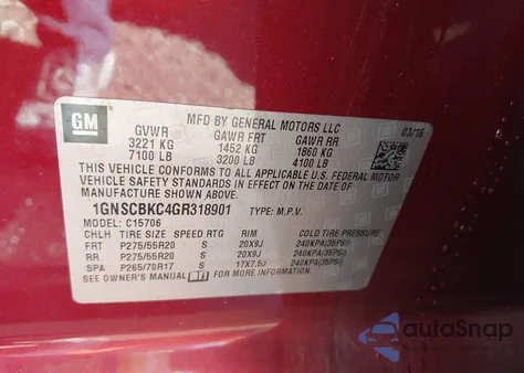 2016 Chevrolet Tahoe Lt z USA, uszkodzony, nr VIN 1GNSCBKC4GR318901